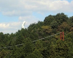 染色植物園から見える、ひびき橋と観音様の横顔